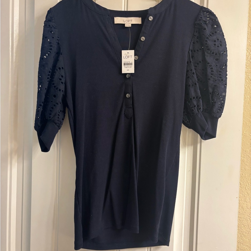 LOFT Blue Fitted Puff Sleeve Blouse